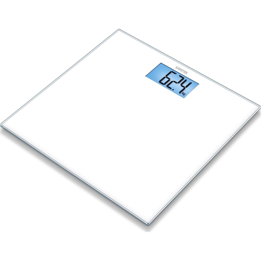 Biała waga cyfrowa pokazuje 62,4 kg na niebieskim ekranie LCD.