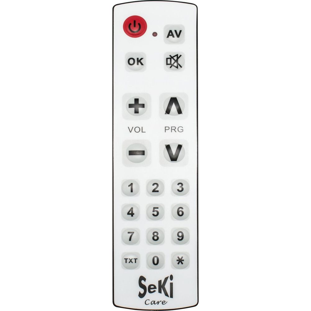 Ein weißer Fernbedienung mit Tasten für Lautstärke, Kanal, Ziffern und Menü.