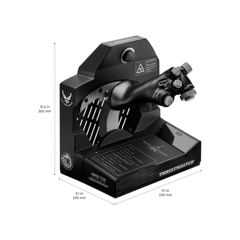 Czarny joystick symulatora lotu z logo US Air Force i wymiarami.