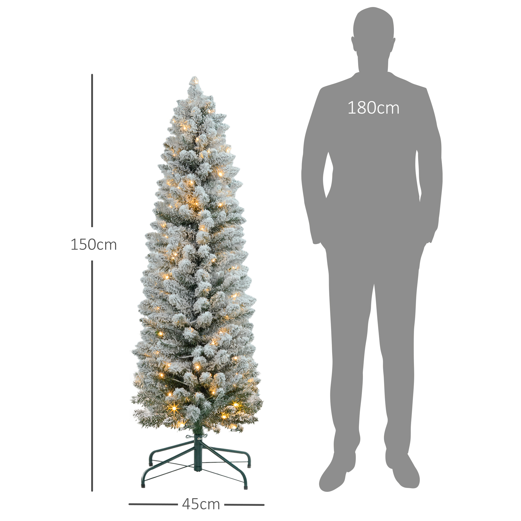 Un árbol de Navidad de 150 cm cubierto de nieve con luces junto a una silueta de 180 cm.
