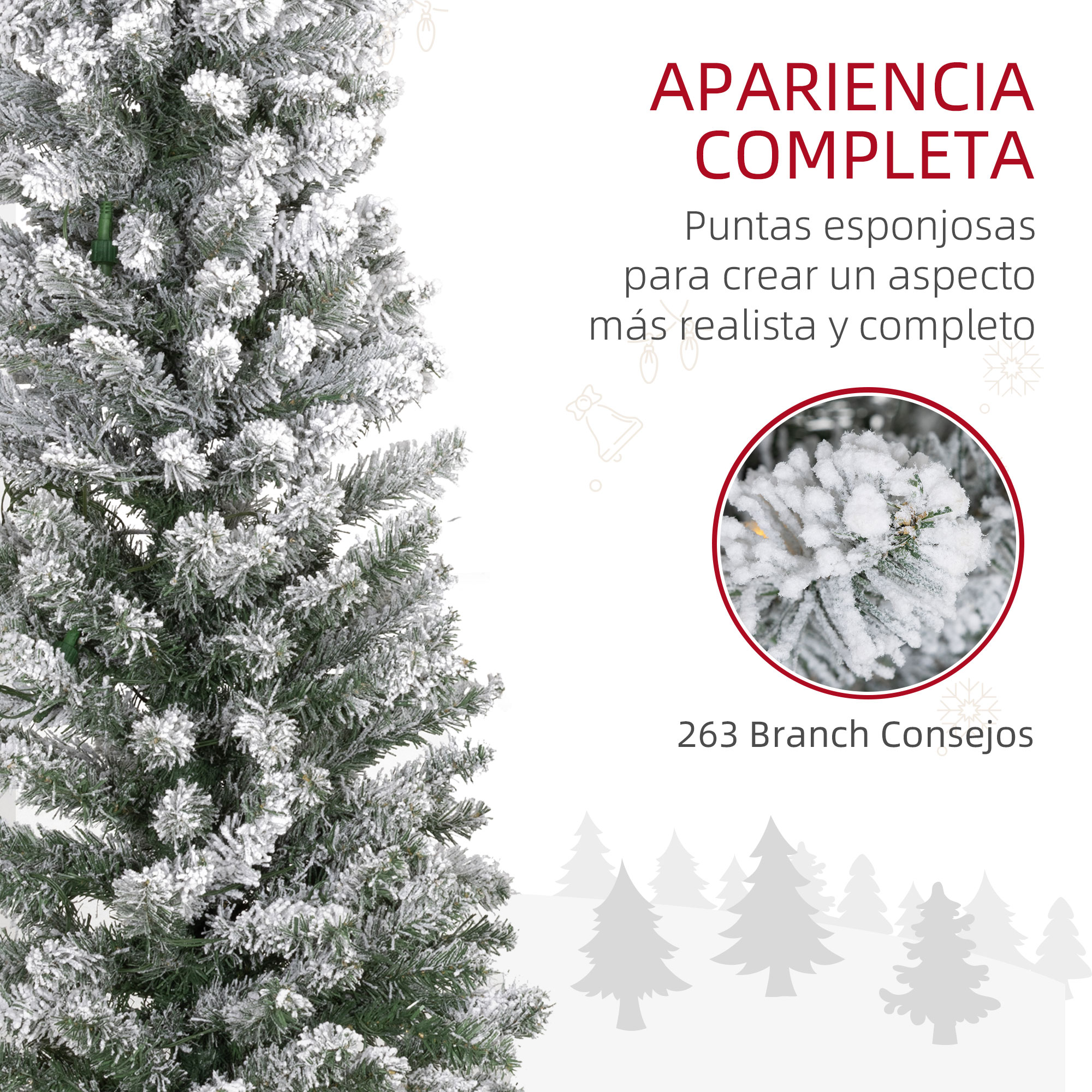 Una vista detallada de un árbol de Navidad con ramas cubiertas de nieve.