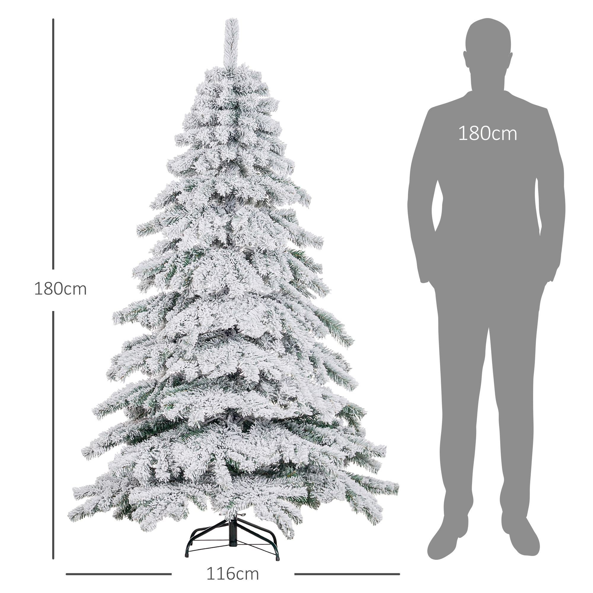 Un árbol de Navidad cubierto de nieve de 180 cm junto a una silueta de 180 cm.