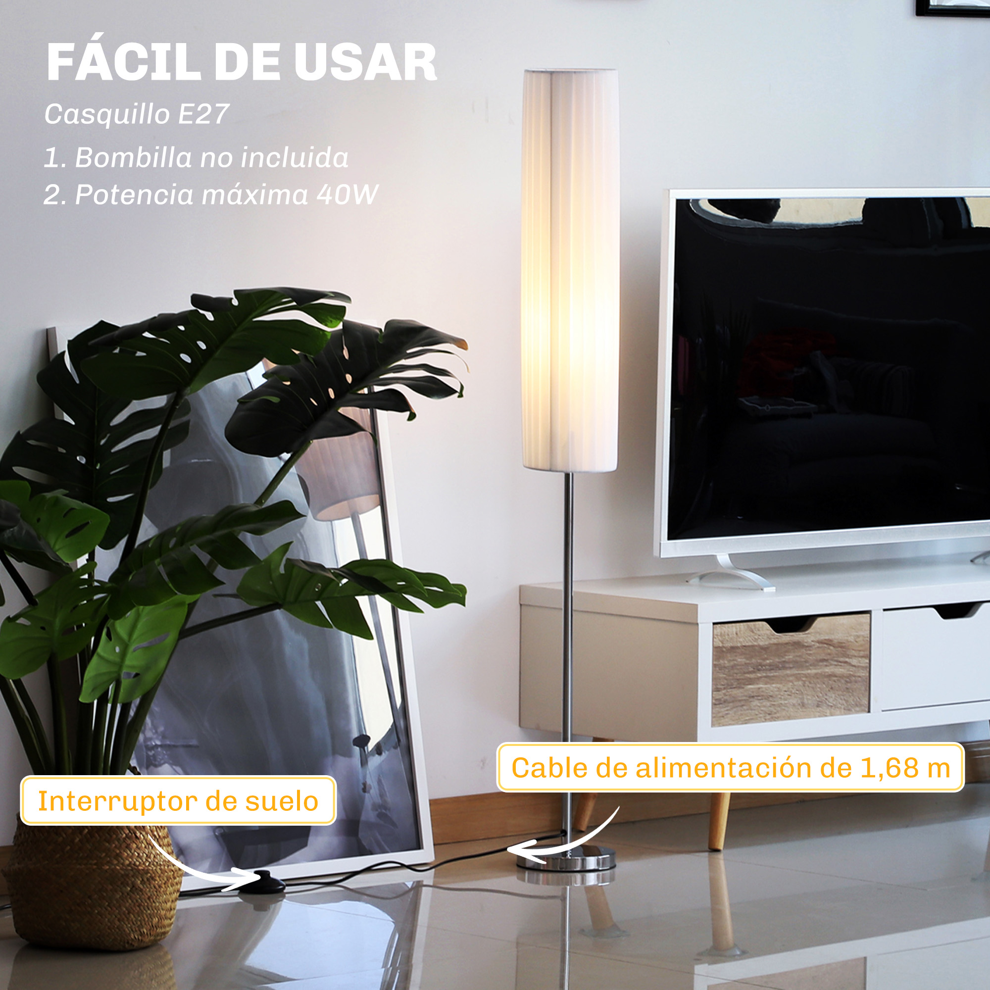Configuración de lámpara de pie con cesta de plantas, lámpara, TV y cable de suelo.