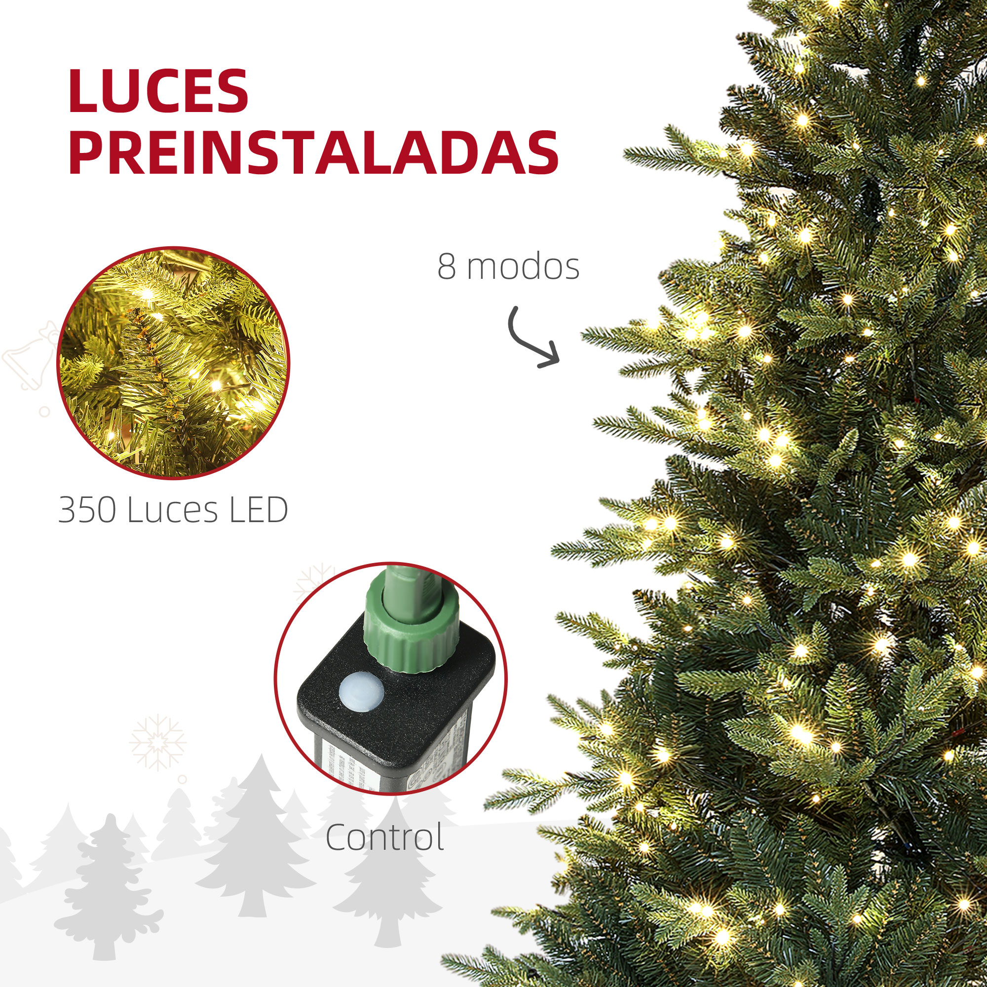 Un árbol de Navidad con 350 luces LED preinstaladas y 8 modos.