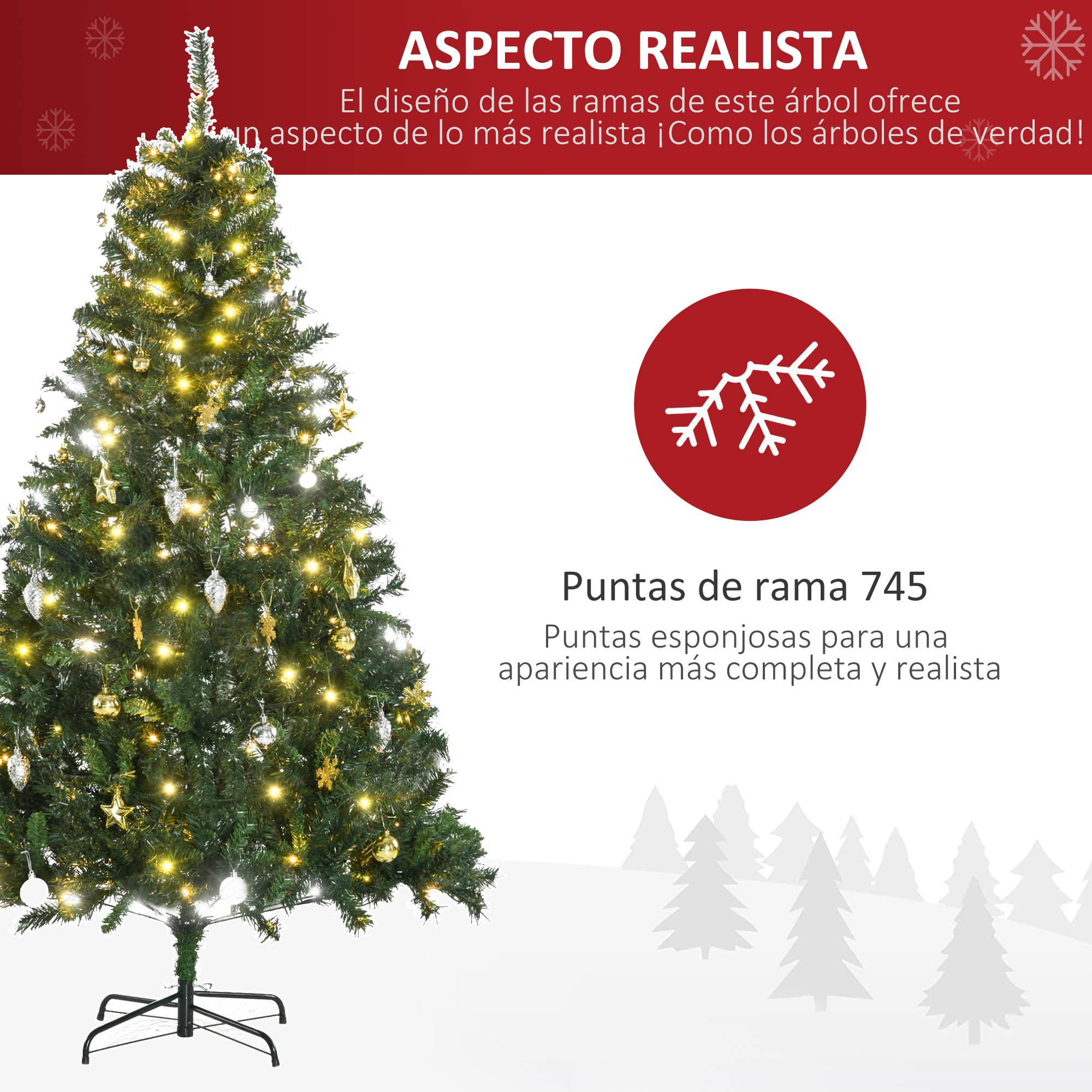 Un árbol de Navidad realista con luces y adornos.