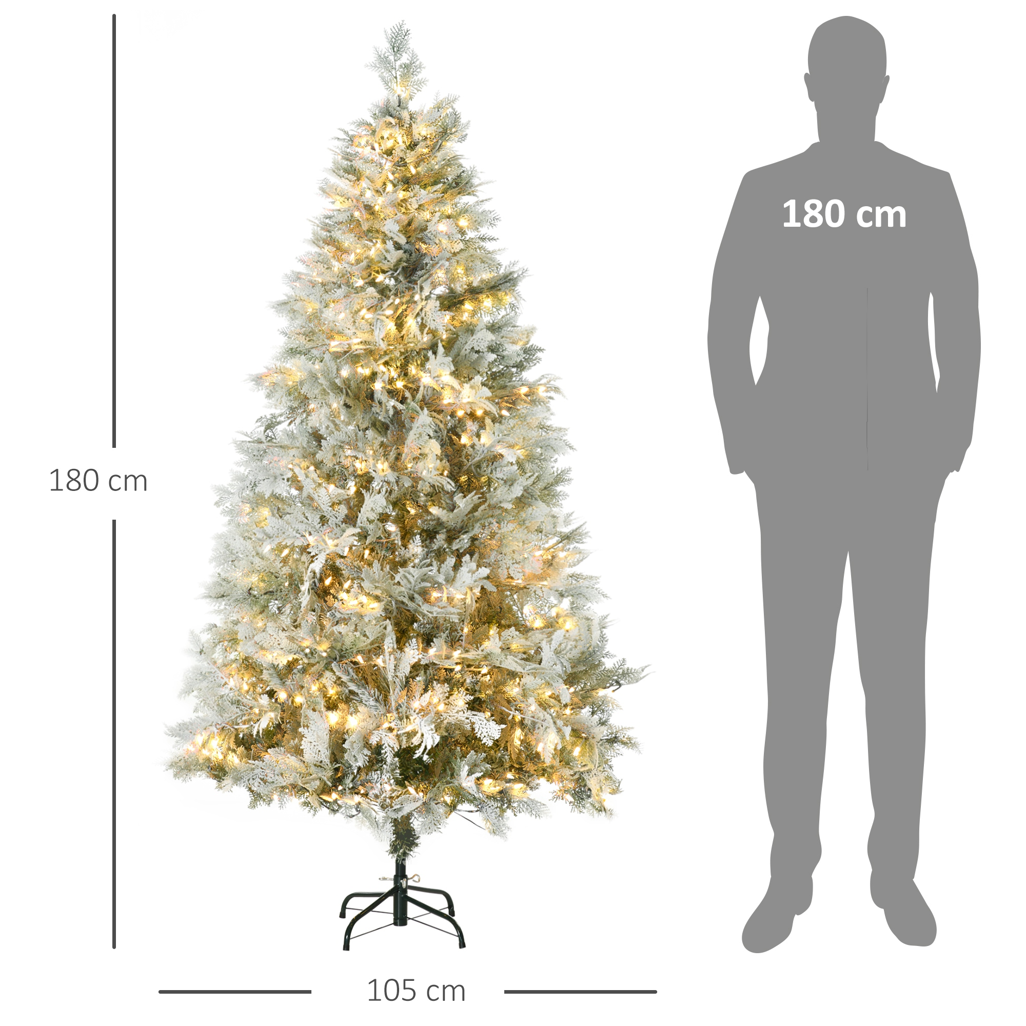 Un árbol de Navidad de 180 cm de alto, iluminado y con nieve artificial, 105 cm de ancho.