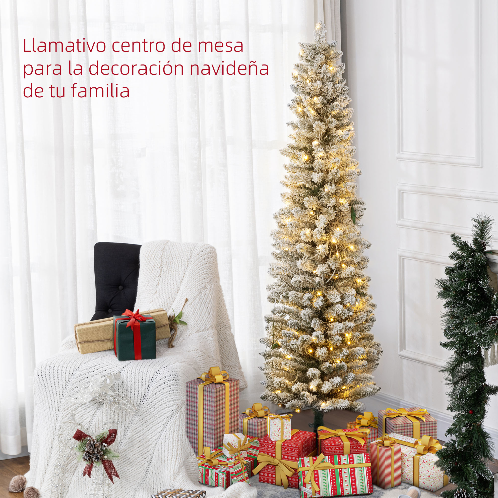 Un árbol de Navidad nevado con luces y regalos en una silla.