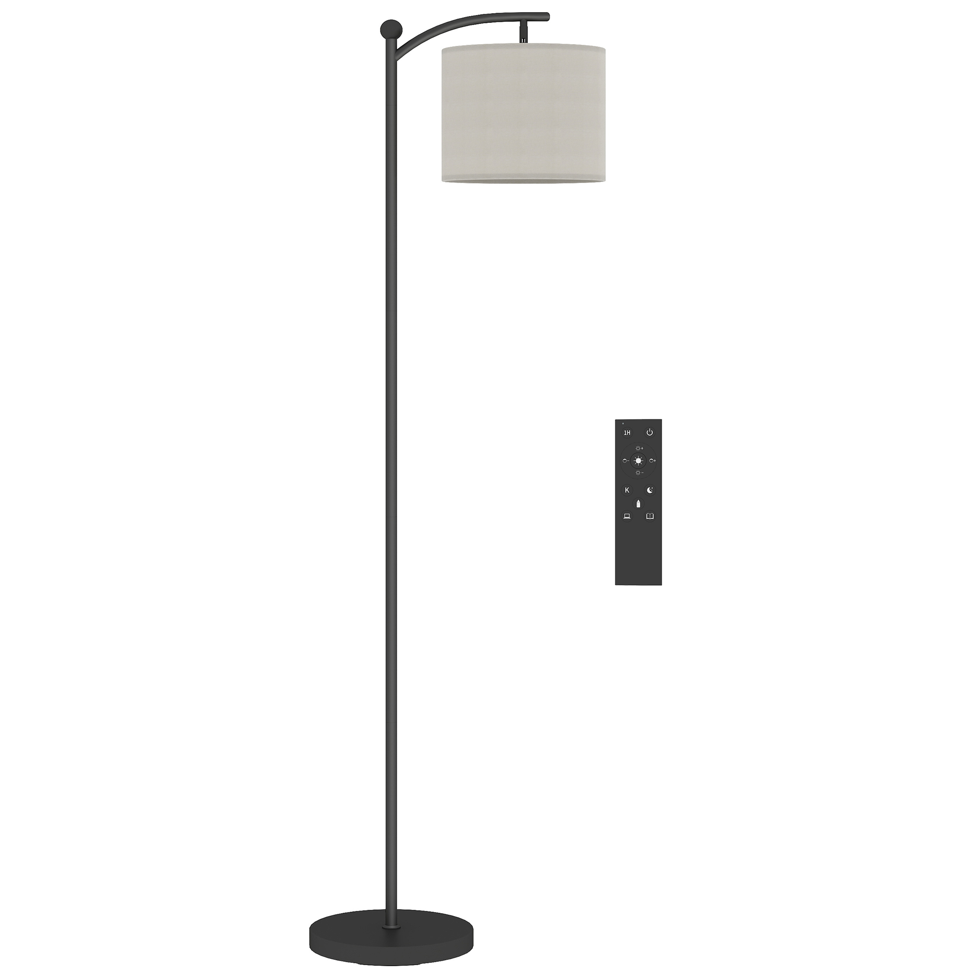 Lampada ad arco scura con paralume beige e telecomando.