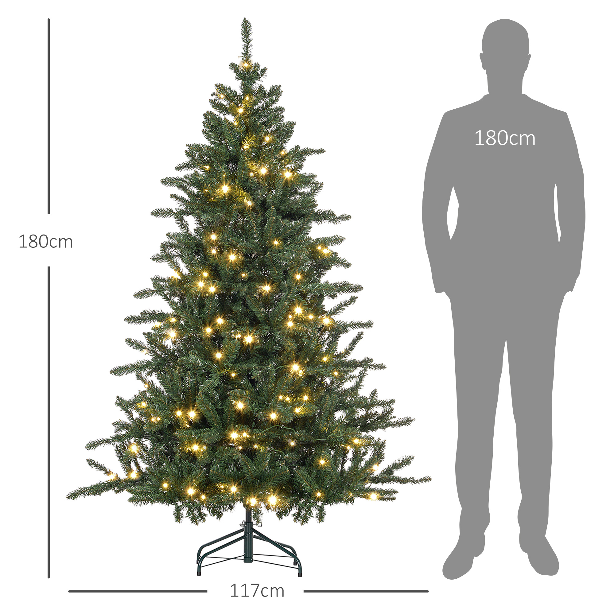 Un árbol de Navidad iluminado, de 180 cm, junto a la silueta de una persona de 180 cm.