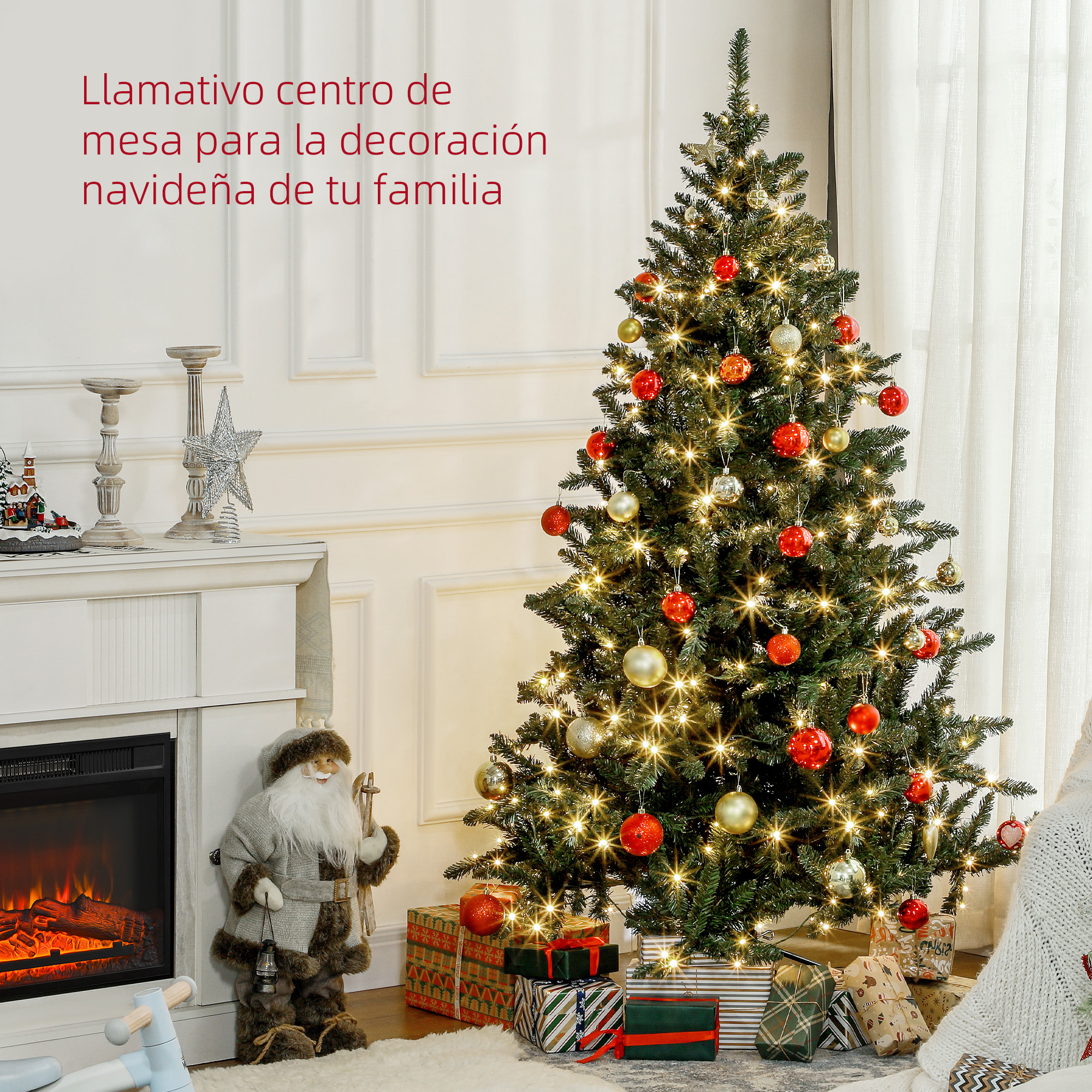 Un árbol de Navidad iluminado con adornos rojos y dorados junto a una chimenea.