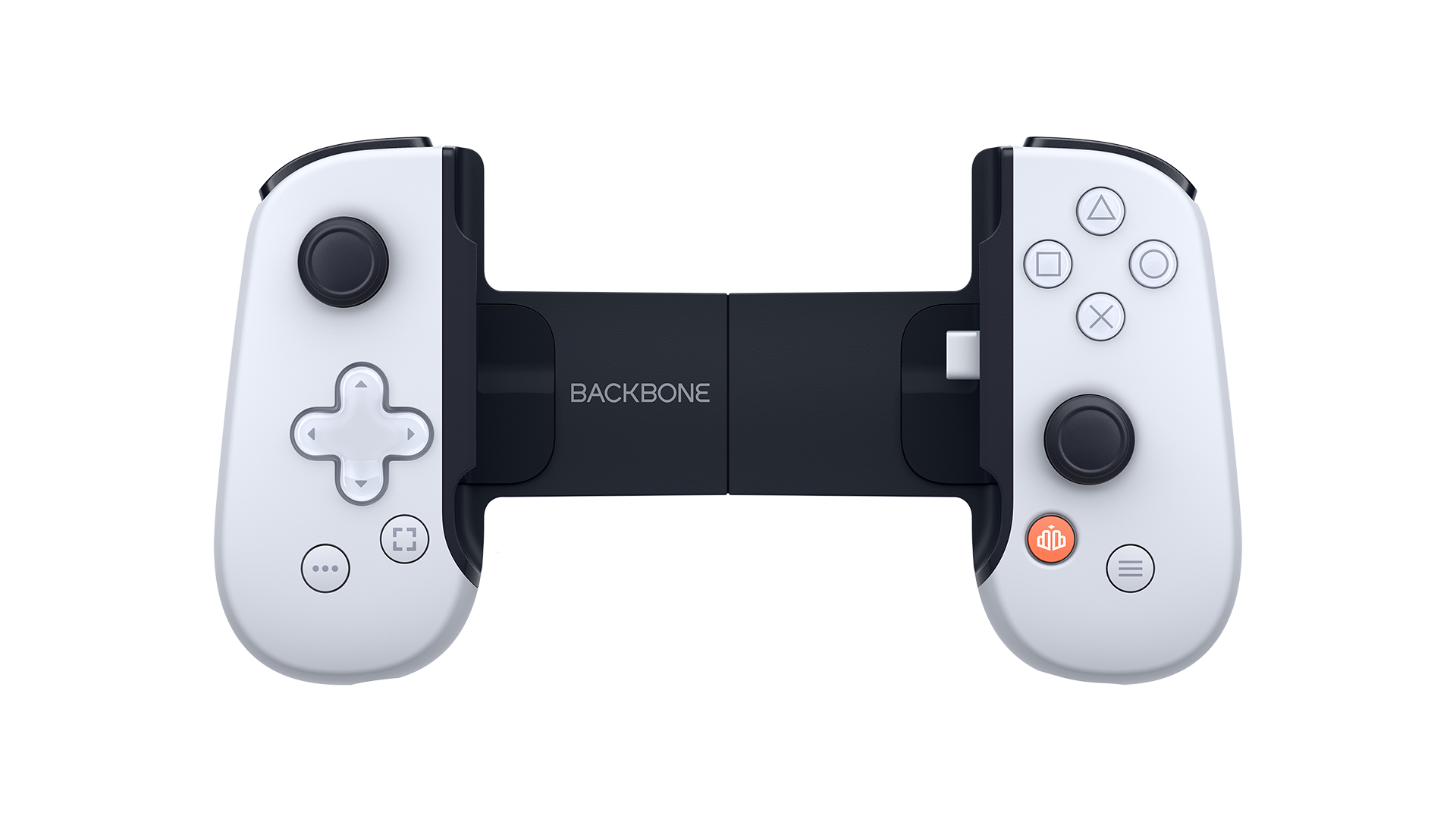 Un mando Backbone blanco con centro negro y soporte para móvil.