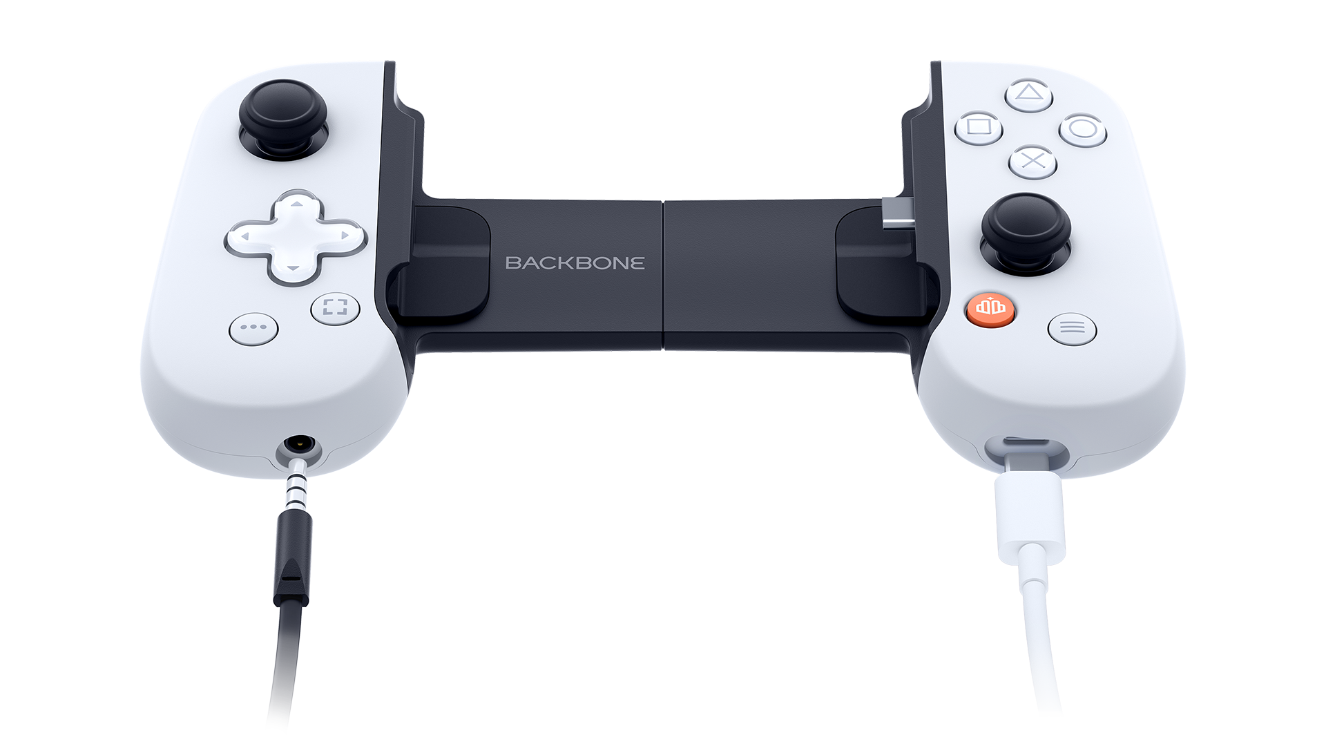 Un controlador Backbone blanco con joysticks y botones negros.