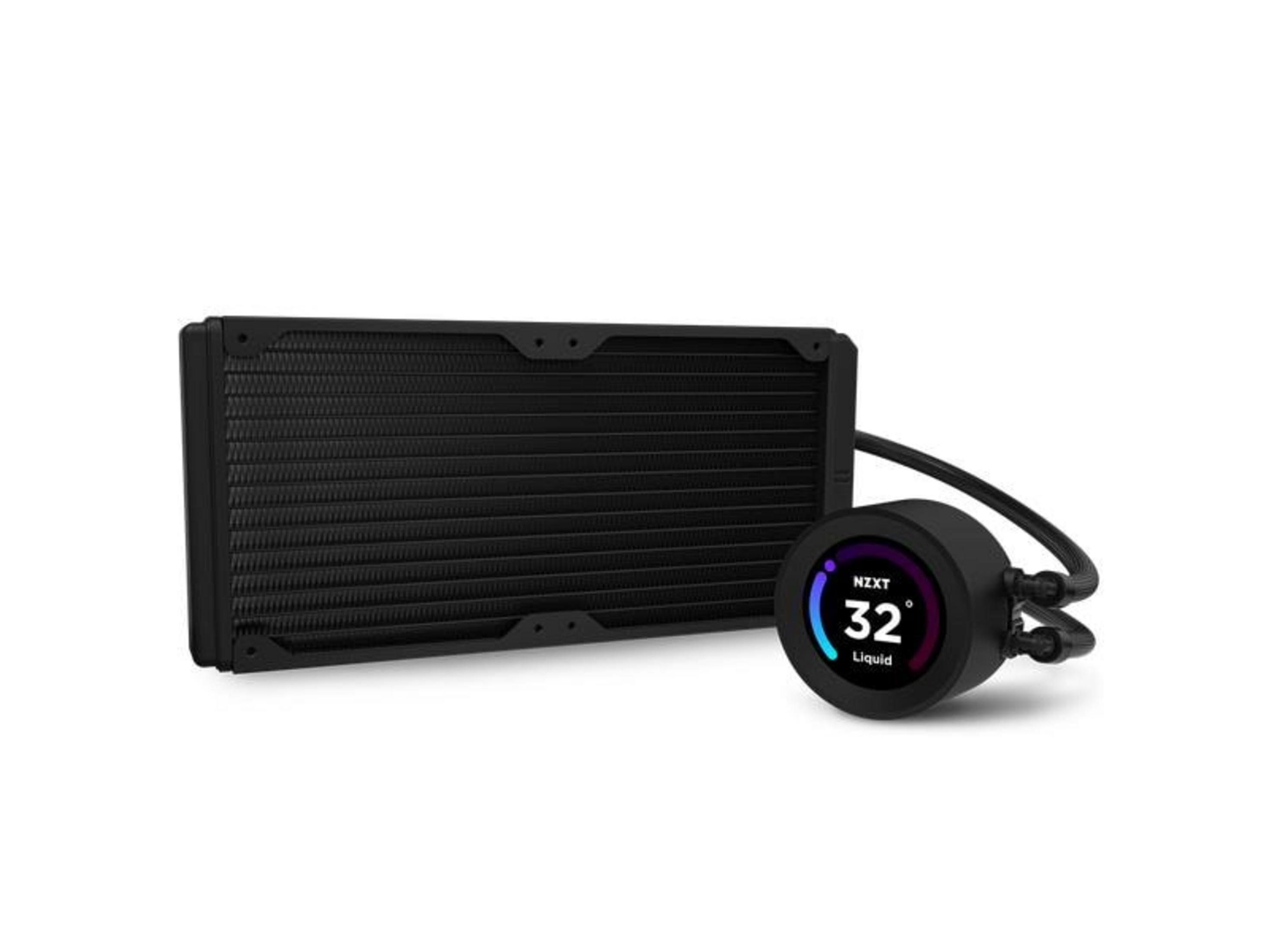 Black CPU liquid cooler radiator and pump with digital temperature display.