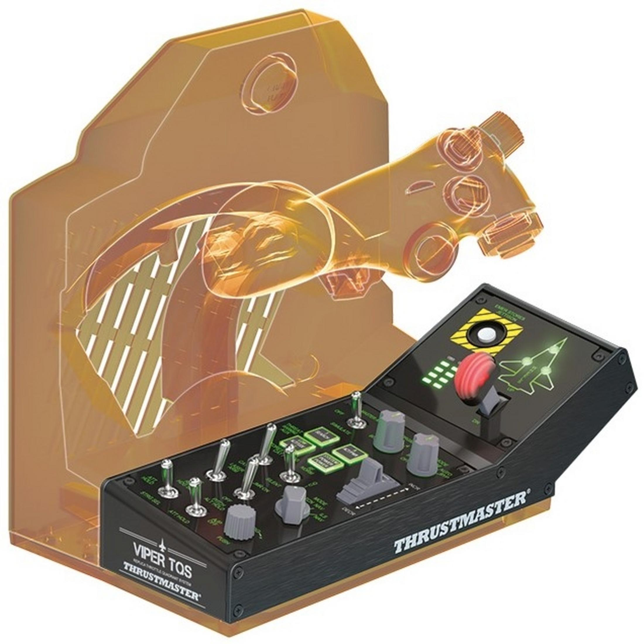 Dżojstik symulatora lotu z przełącznikami, przyciskami i czerwoną dźwignią.