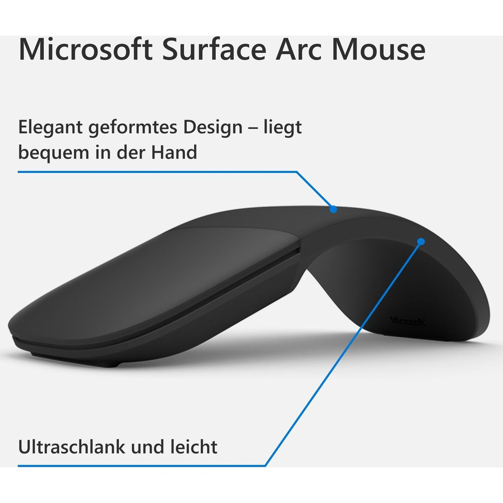 Czarna mysz Microsoft Surface Arc z eleganckim, zakrzywionym wzorem.