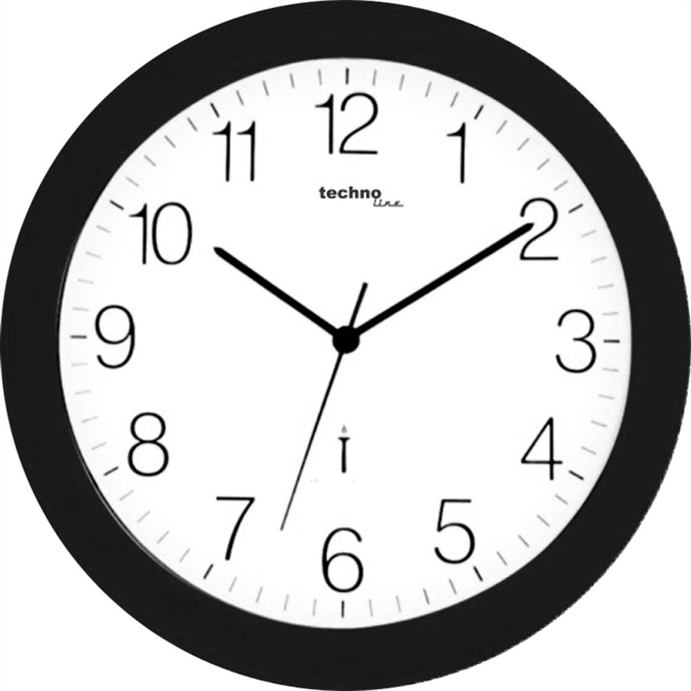Eine schwarze Wanduhr mit weißen Ziffern und Zeigern, die 10:09 anzeigt.