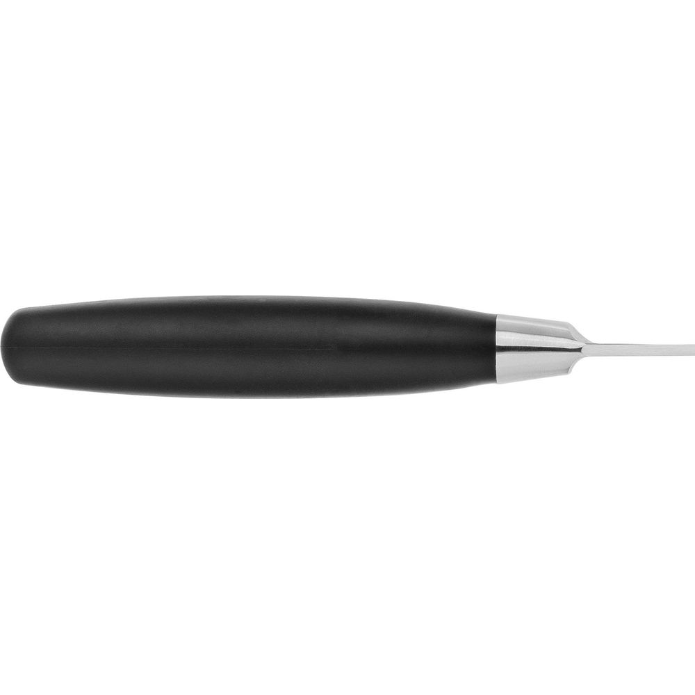 Czarna rękojeść z wąskim srebrnym metalowym przejściem do ostrza.