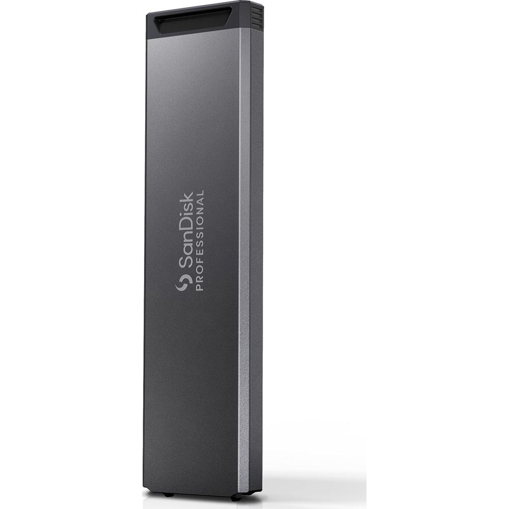 Ein grauer SanDisk Professional USB-Stick steht auf weißem Hintergrund.