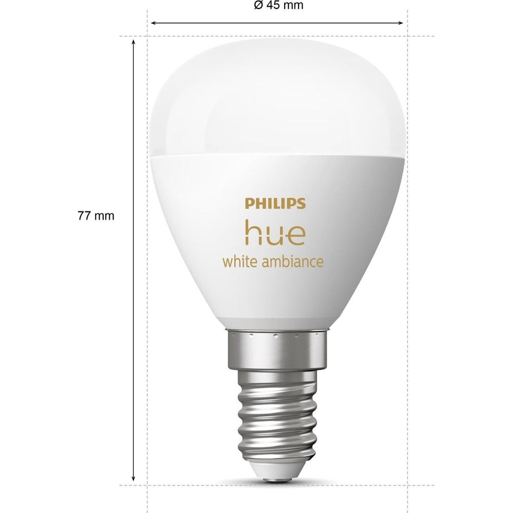 Biała żarówka Philips Hue z gwintem. Wymiary 77x45 mm.