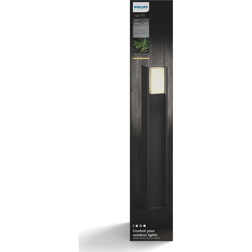 Czarne opakowanie lampy zewnętrznej Philips Hue z wizerunkiem lampy.