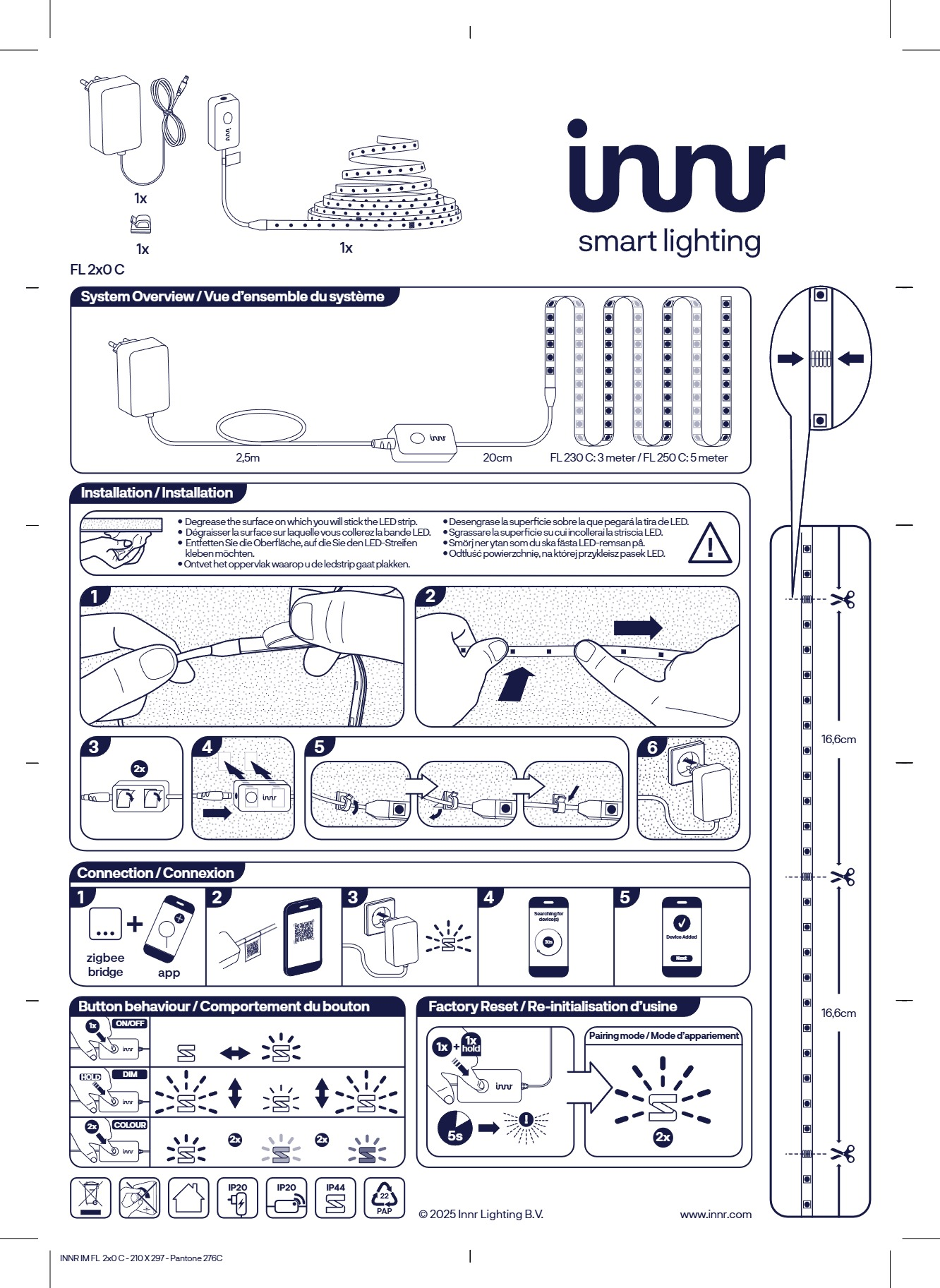 Instructies voor Innr Smart Lighting LED-strips met accessoires en installatiestappen.