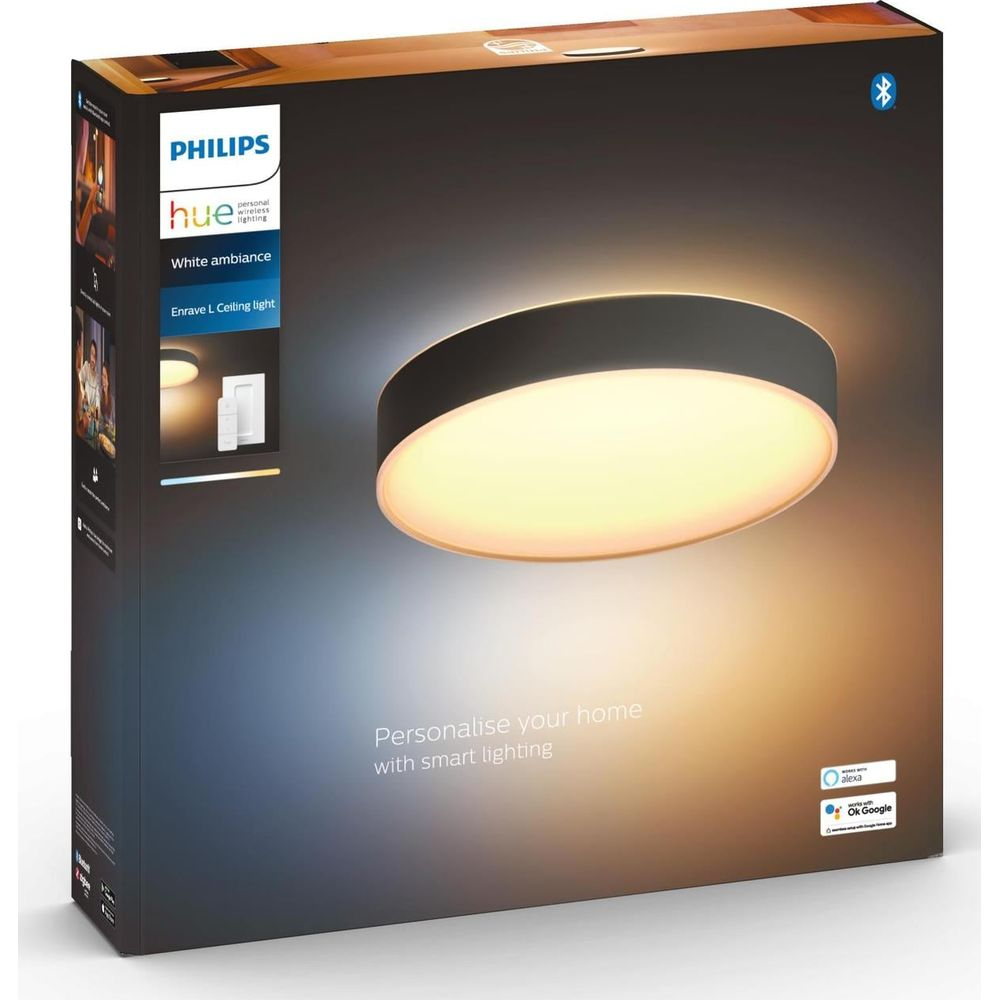 Pudełko inteligentnej lampy sufitowej Philips Hue z włączonym światłem White Ambiance.