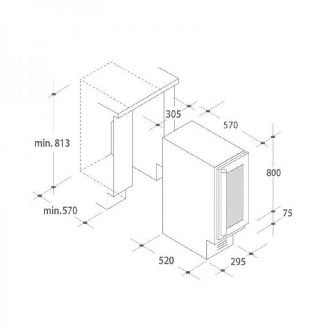 Disegno tecnico di un frigorifero da incasso con dimensioni.