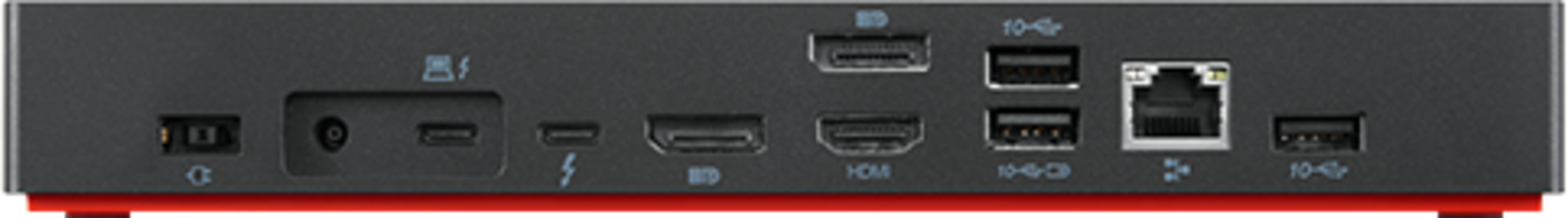 Panneau arrière d'une station d'accueil noire avec divers ports : USB, HDMI, Ethernet, audio.