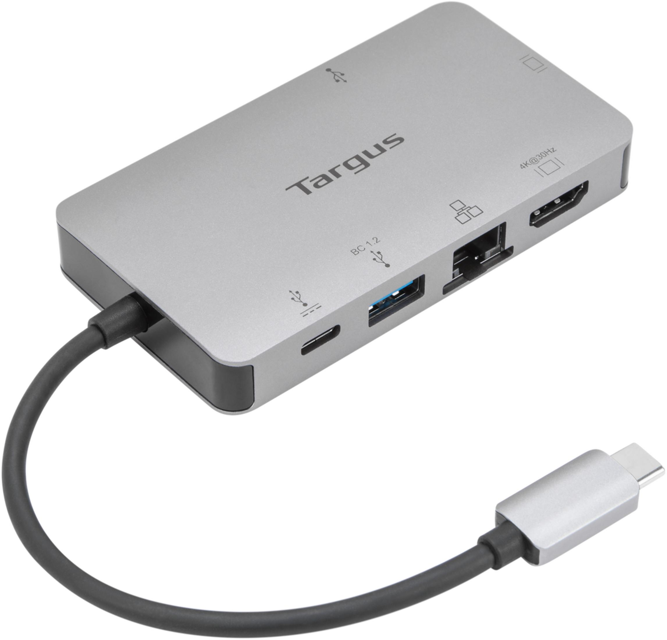 Hub Targus USB-C argento con porte: USB-C, USB-A, Ethernet, HDMI. Sfondo bianco.
