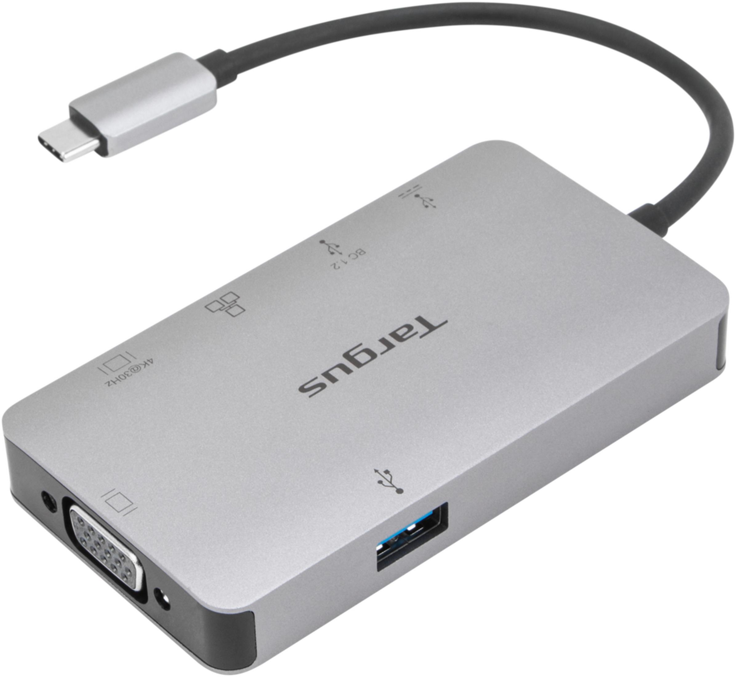 Hub Targus USB-C grigio con porte VGA, USB-A e 4K@30Hz.