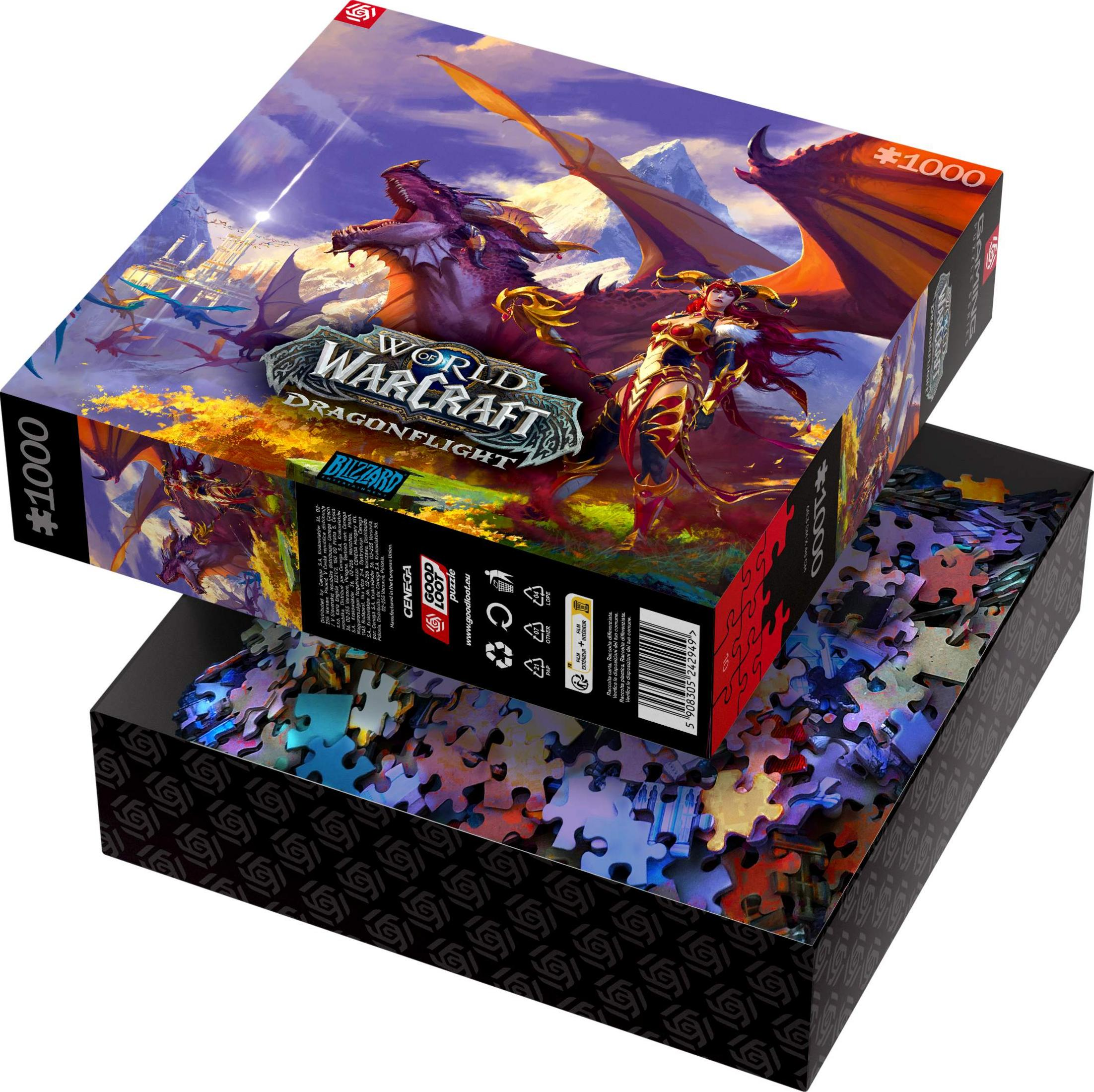 Pudełko z puzzlami World of Warcraft ze smokami, rycerzem i zamkiem. 1000 el.