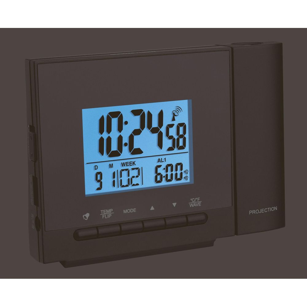 Digitaluhr mit Projektor, zeigt 10:24 Uhr und 6:00 Uhr an.