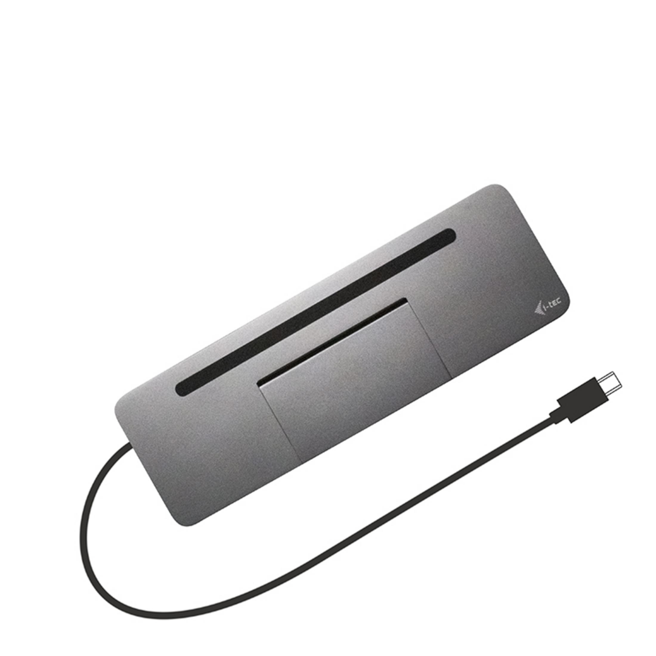 Grijze USB-C hub met kabel en connector.