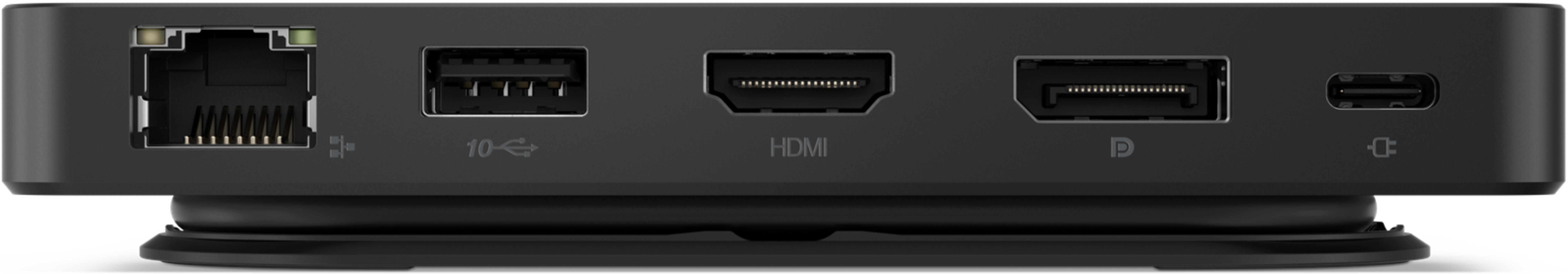 Black docking port with Ethernet, USB, and HDMI connections.