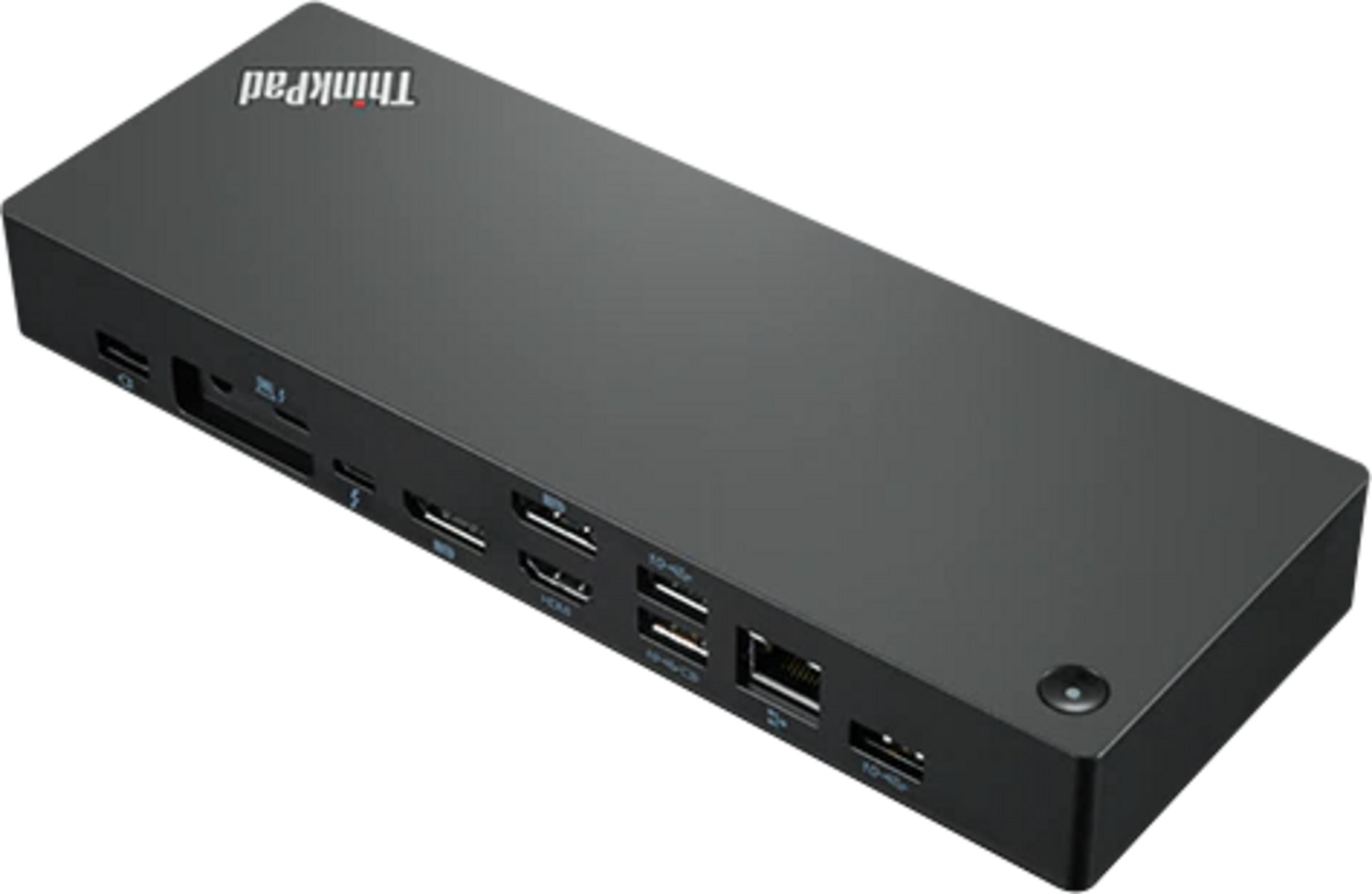 Schwarzer ThinkPad Dockingstation mit vielen Anschlüssen, USB, HDMI und Ethernet.