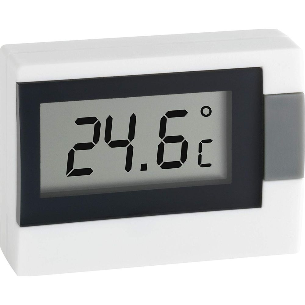 Ein weißer digitaler Thermometer zeigt 24,6 Grad Celsius an.
