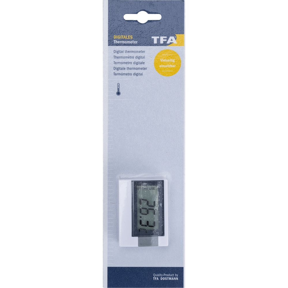 Verpackung eines digitalen TFA Thermometers mit Anzeige 26.3°C.