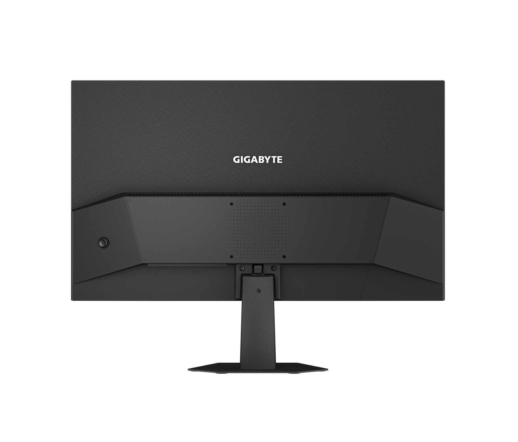 Rückseite eines schwarzen Monitors mit GIGABYTE-Logo und Anschlüssen.