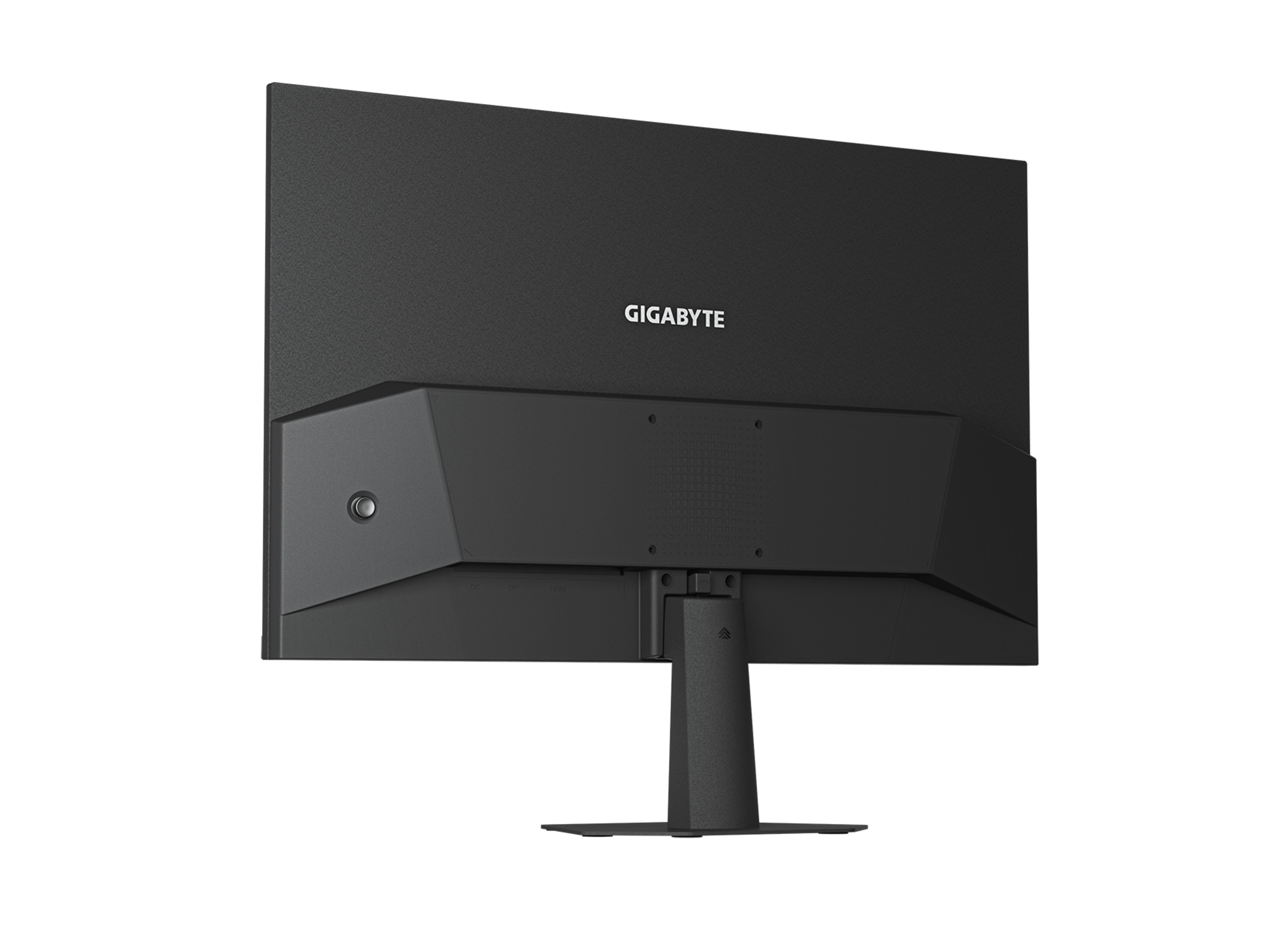 Rückseite eines schwarzen GIGABYTE Monitors mit Ständer und Anschlüssen.