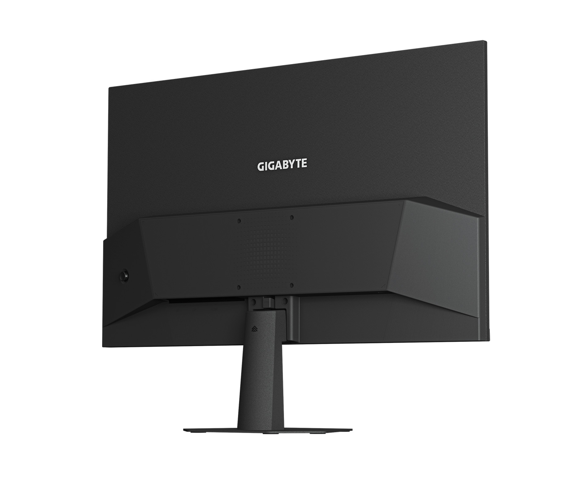 Rückseite eines schwarzen Monitors mit GIGABYTE-Logo und einem Standfuß.