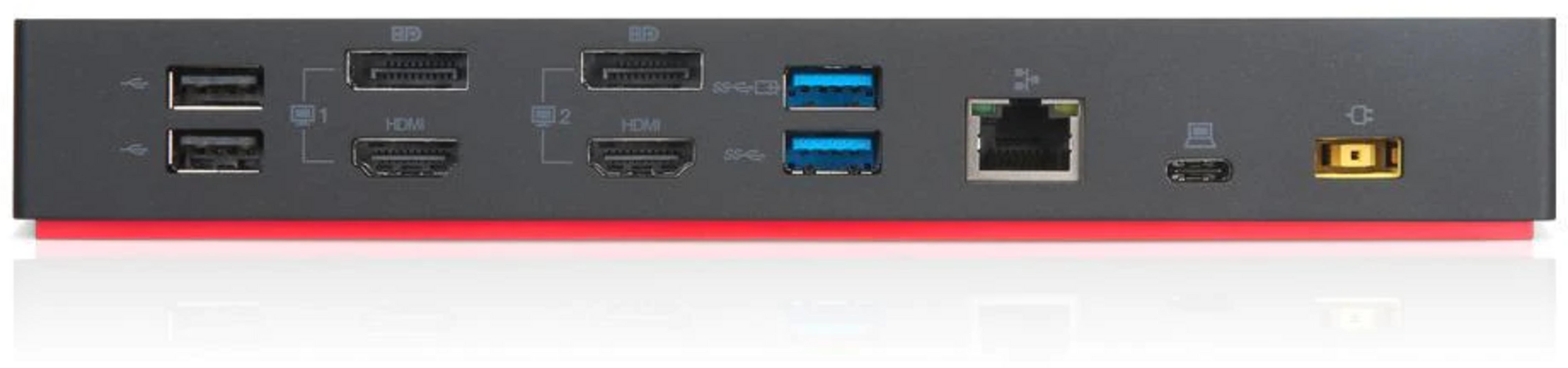 Rückseite einer Dockingstation mit USB-, HDMI- und Netzanschlüssen.