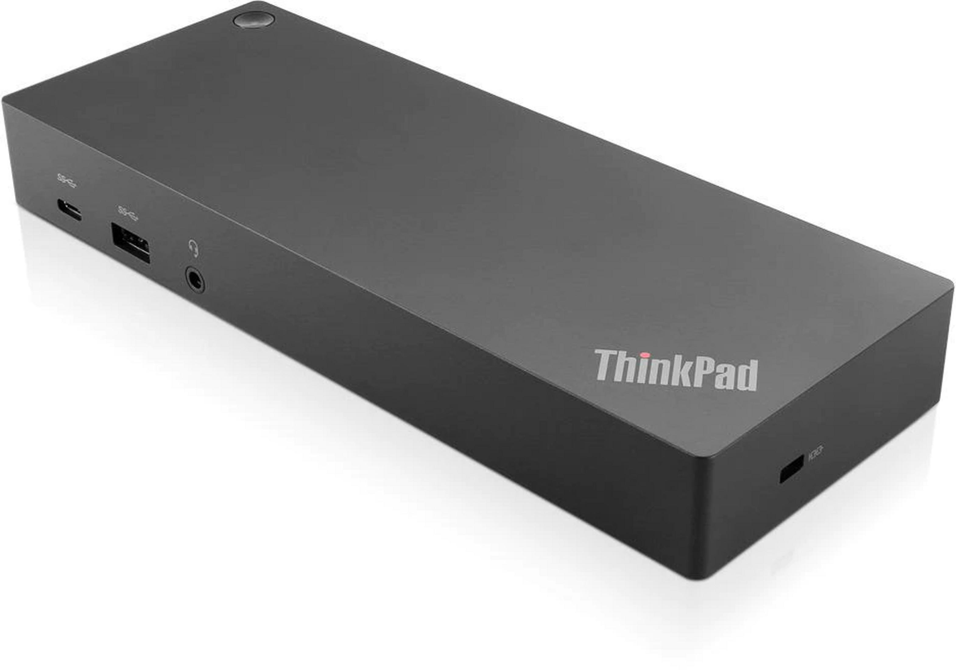 Schwarzes ThinkPad Dock mit USB-C, USB-A und Kopfhöreranschluss.