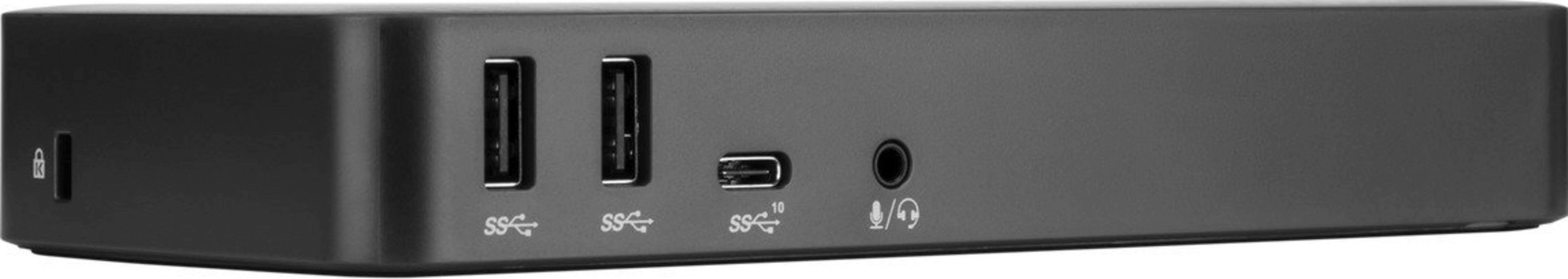 Docking station nera con porte USB-A, USB-C, audio e simbolo di lucchetto.