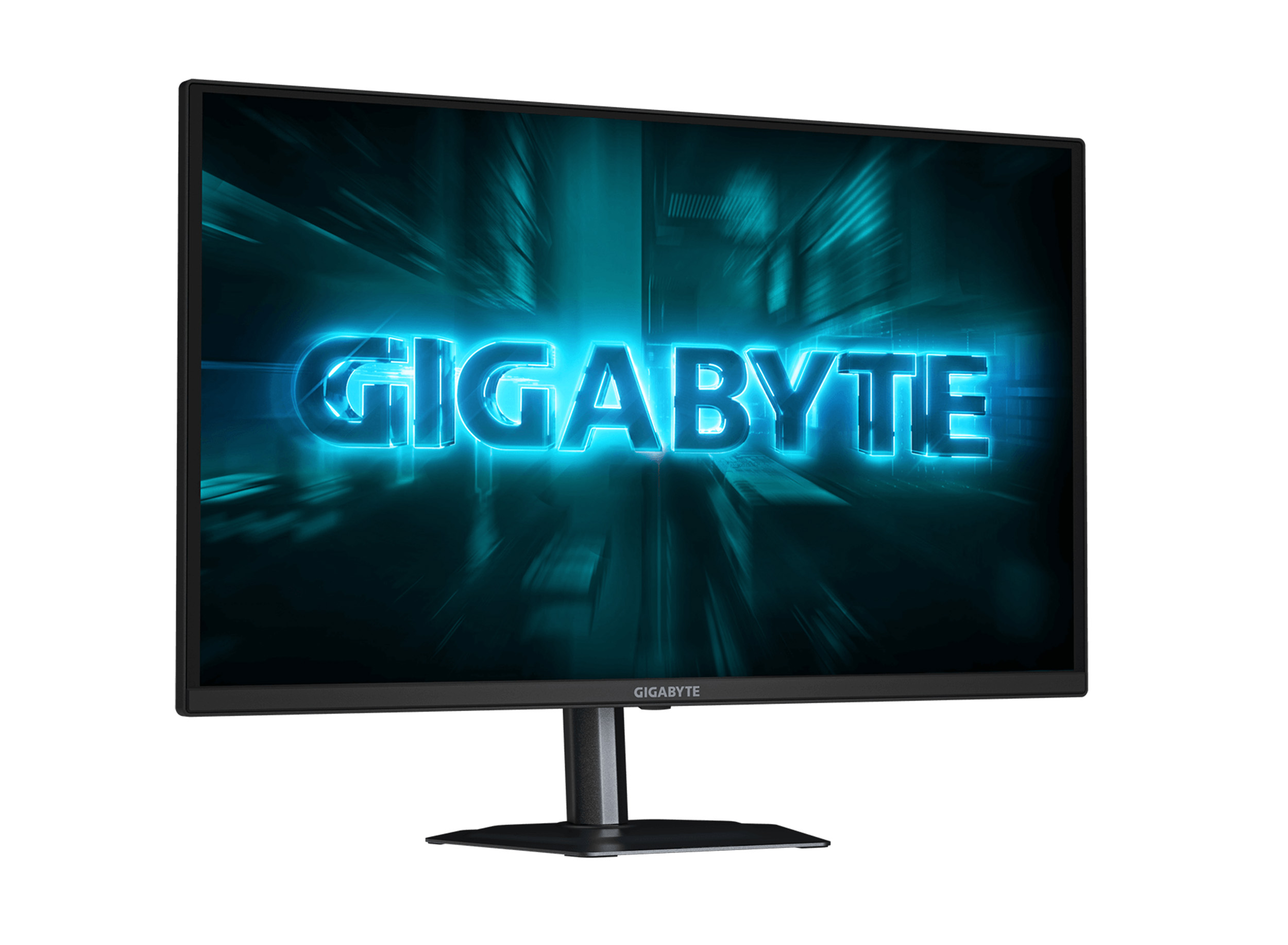 Fütüristik arka plan üzerinde parlak mavi GIGABYTE logosunu gösteren bir monitör.