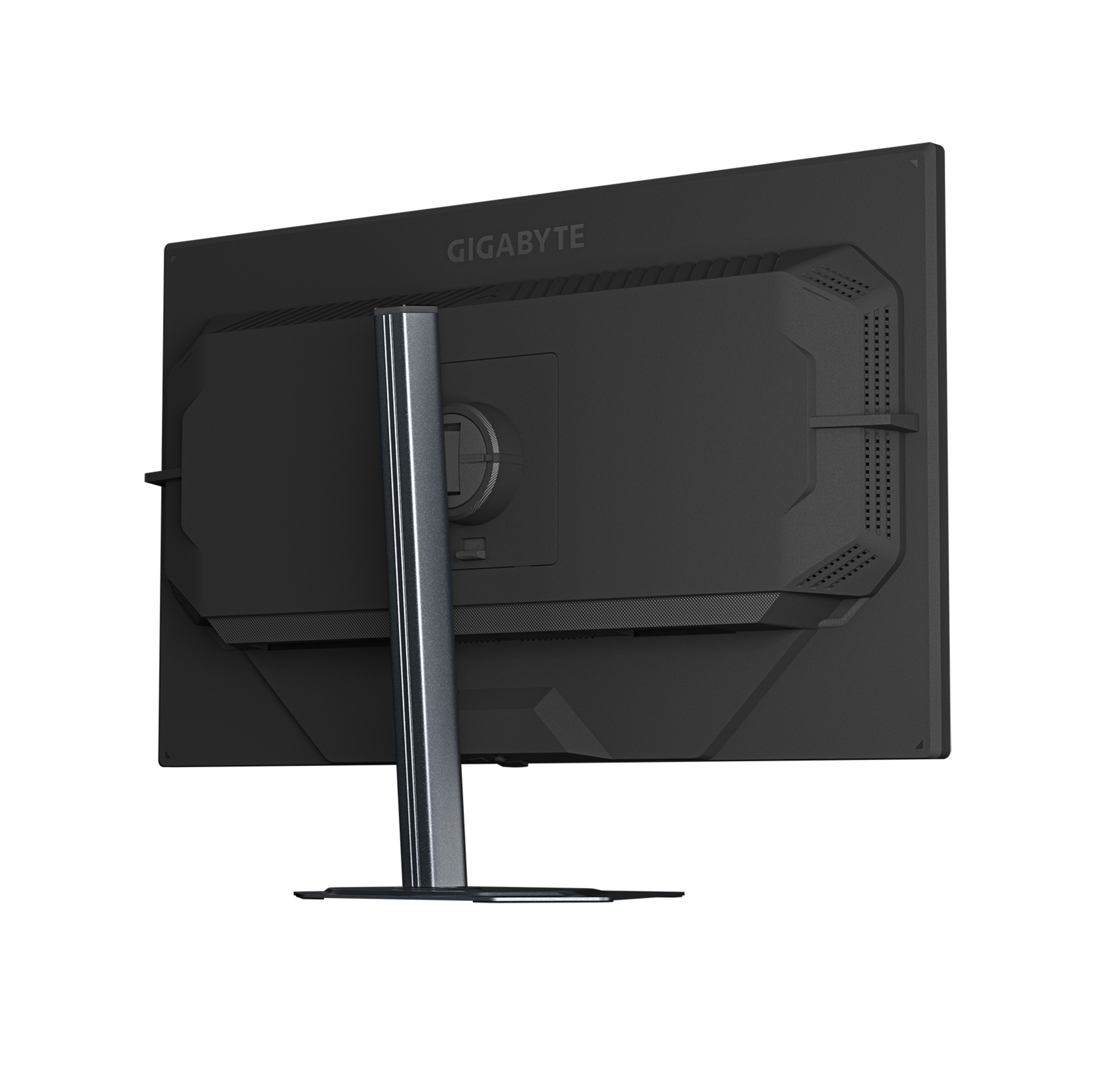 Gümüş standlı siyah GIGABYTE monitörün arka görünümü.