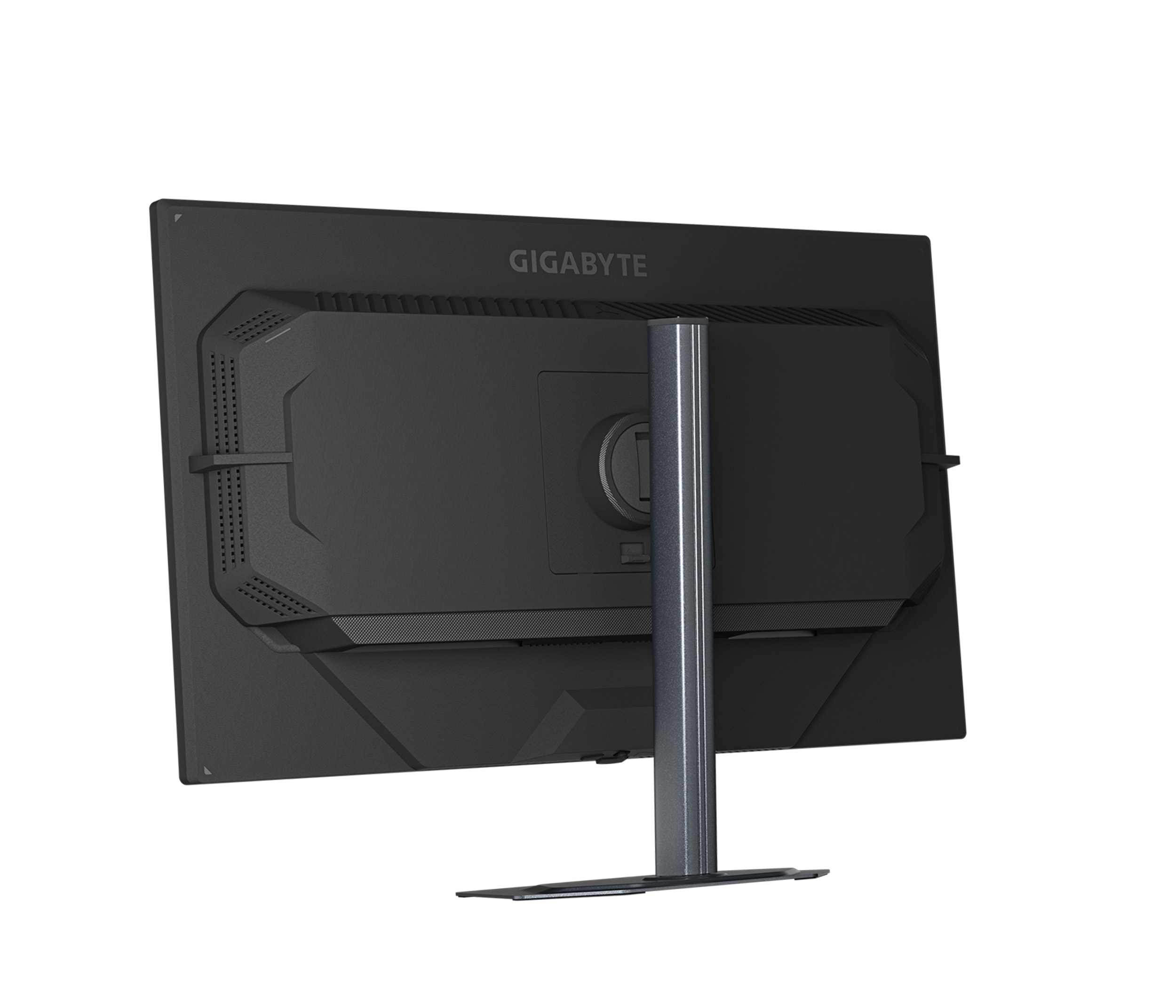 Gümüş ayaklı siyah GIGABYTE monitörün arka görünümü.