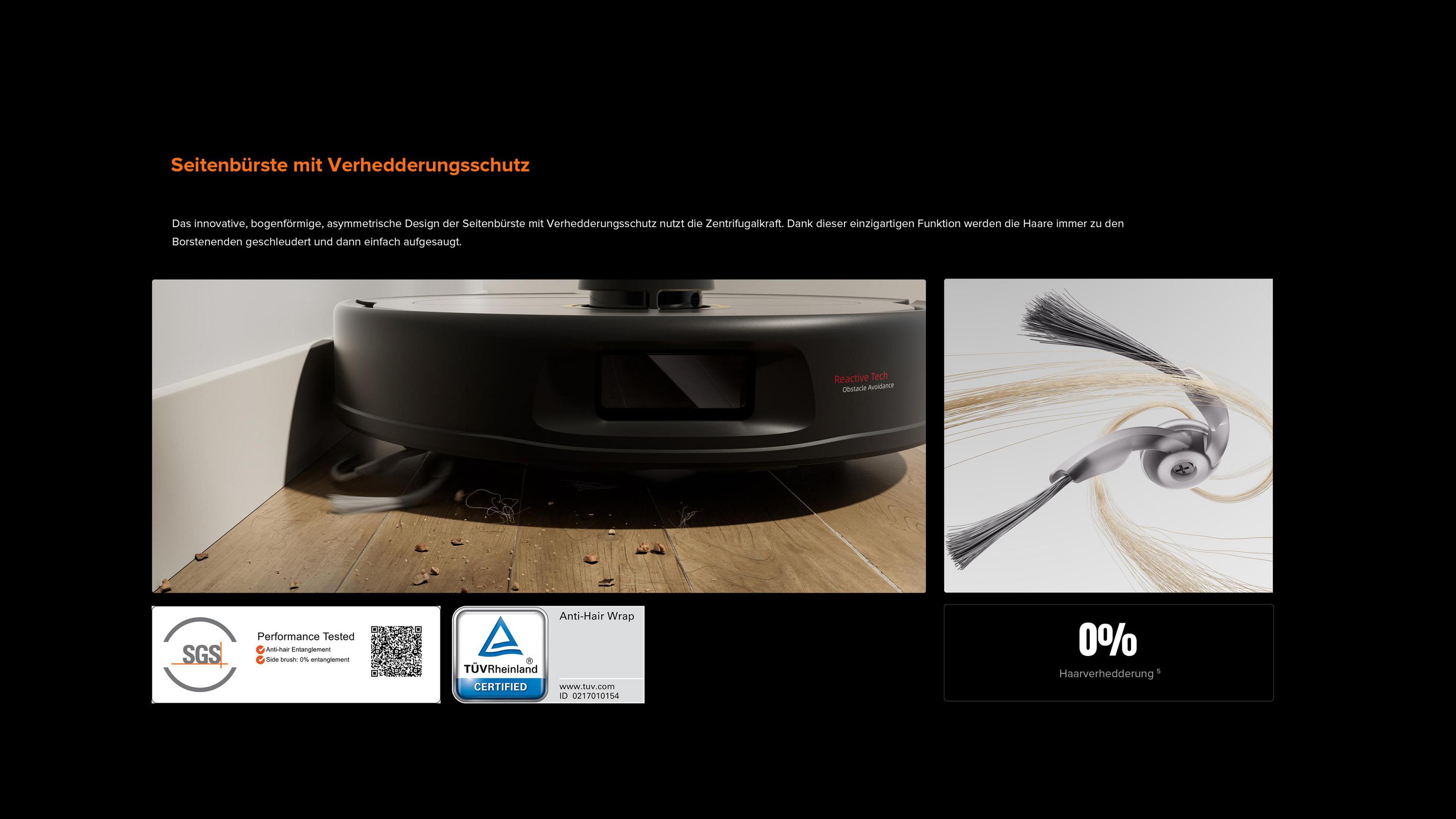 Robot vacuum with side brush collecting hair and debris on floor.