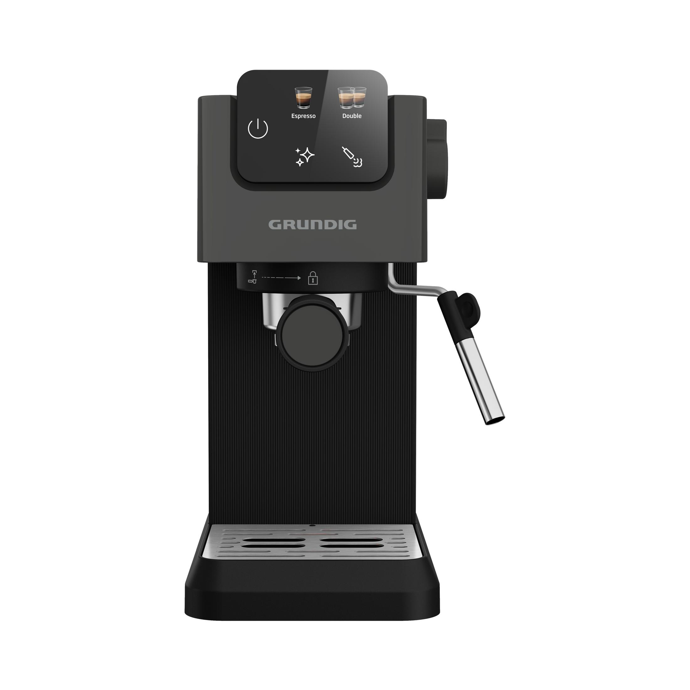 Eine schwarze Kaffeemaschine mit einem Bedienfeld und einem Auslauf.