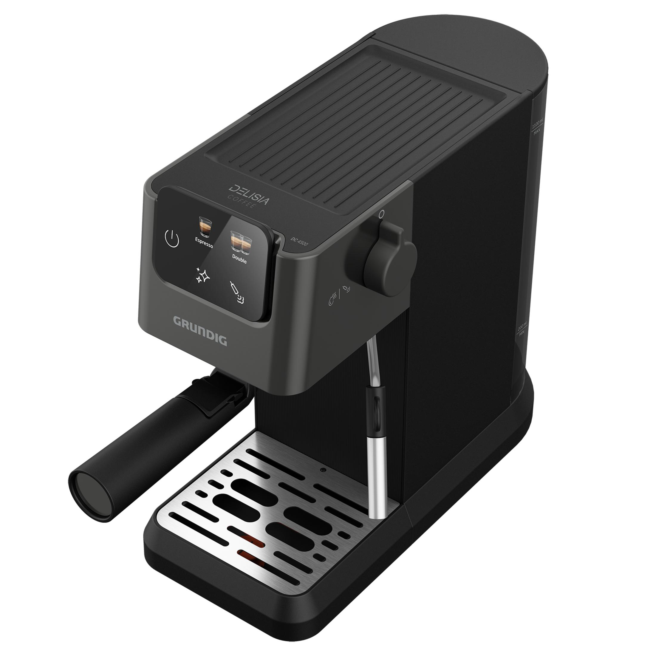 Eine schwarze Kaffeemaschine mit silberner Tropfschale und Knöpfen.