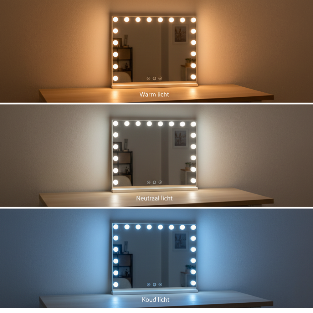 A makeup mirror with lights is shown in three different light colors: warm, neutral, and cold.